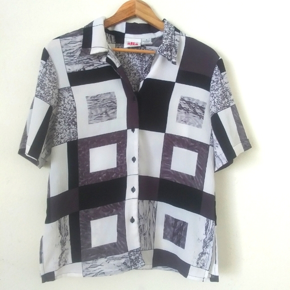 Vintage 80s Black & White Geometric Print Top - Picture 1 of 11